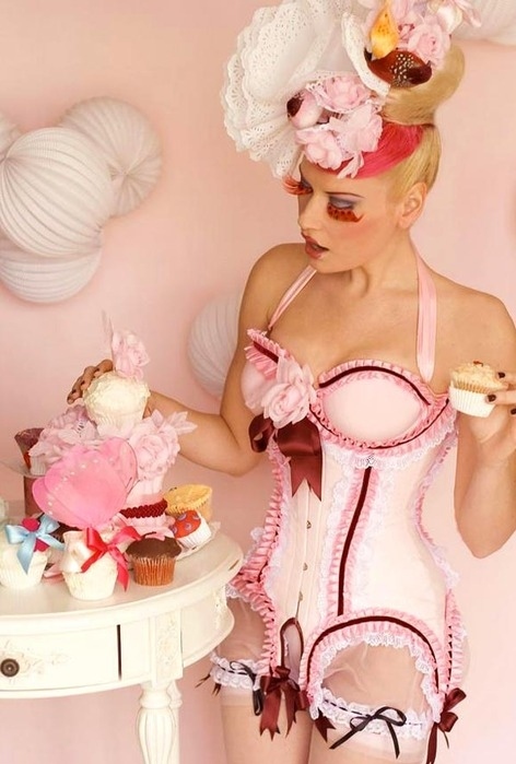 blond-clothes-corset-cupcake-fashion-food, sexy blond, cupcake, food, dessert, pink, flower cupcakes, underwear, girl