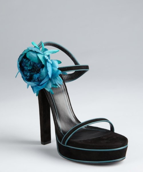 Gucci-black-and-aqua-suede-flower-platform-sandals, shoes, fashion shoes, flower aqua shoes